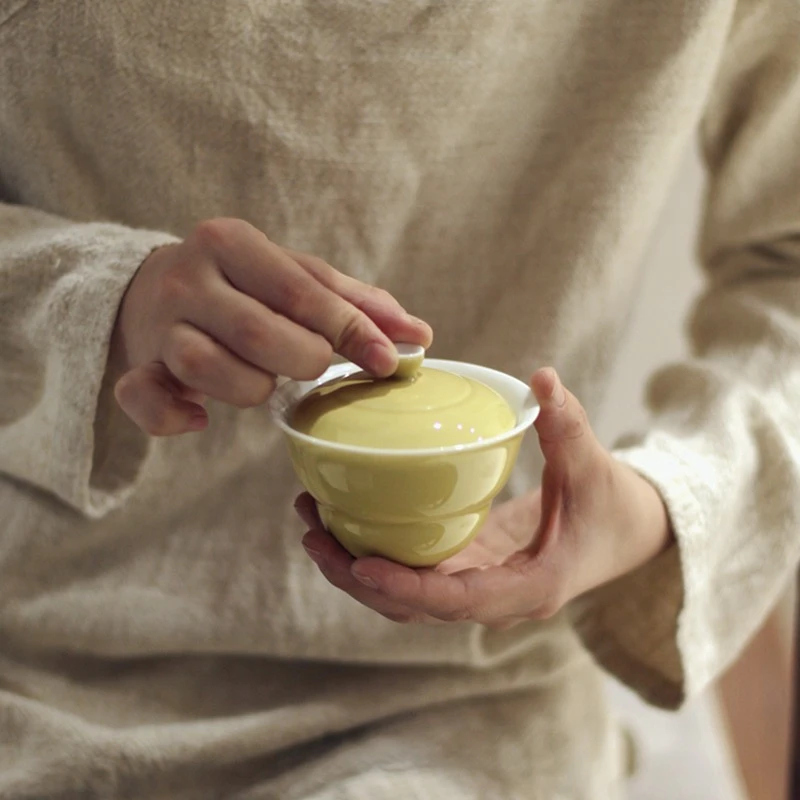|宋青书院|《独饮一壶茶》鹅黄葫芦盖碗景德镇茶具茶杯 无托仿宋