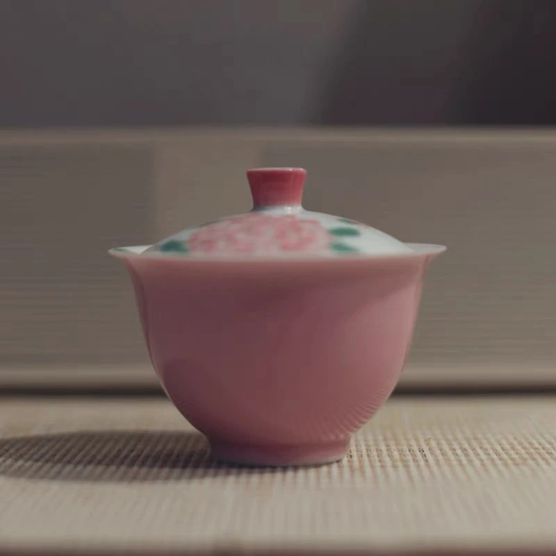 |勿念|《绣球花》桃粉弥言盖碗品茗杯少女粉色桃红手绘茶道
