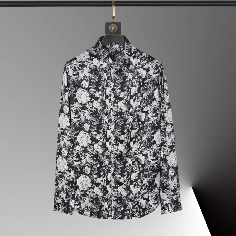 潮牌法兰西玫瑰印花长袖衬衫休闲修身设计师满印翻领轻奢百搭衬衣