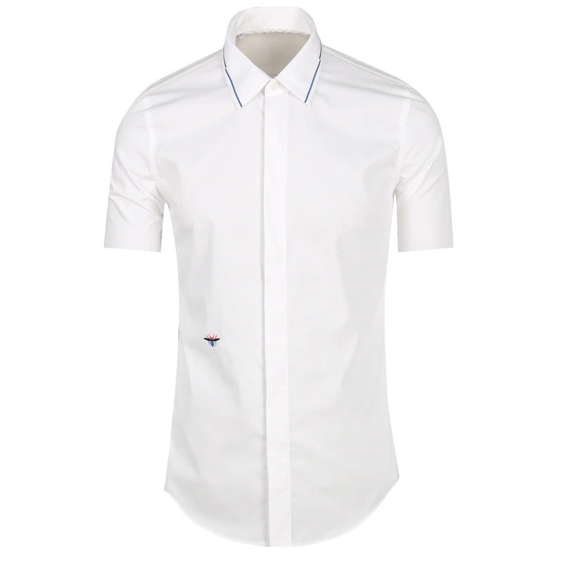 夏季春夏男士长袖修身短袖蜜蜂刺绣印花透气翻领白色轻奢禅意男装