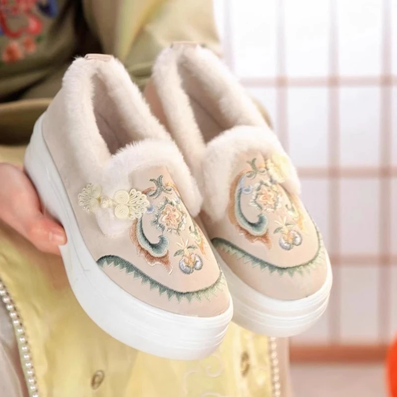 新中式棉鞋冬季新款增高加绒国风禅意旗袍鞋子古风配马面绣花鞋