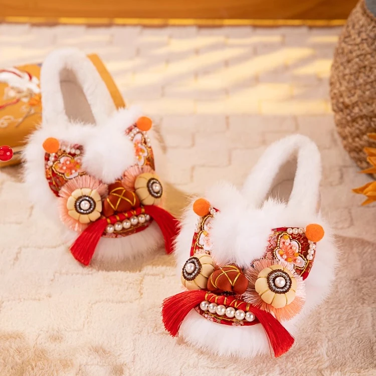 新年红色棉鞋虎头鞋冬季加绒增高新中式国风喜庆绣花鞋手工复古