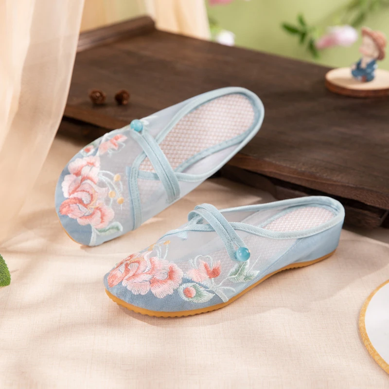 夏季网纱汉服鞋女时尚平底透气绣花鞋汉元素搭配包头拖鞋淡雅软底