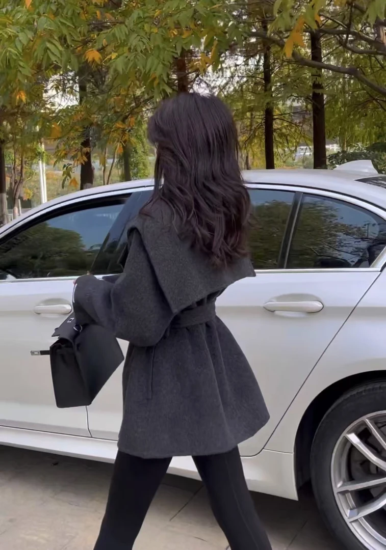 网红时尚洋气小个子冬季百搭气质双面大衣秋冬韩版短款外套