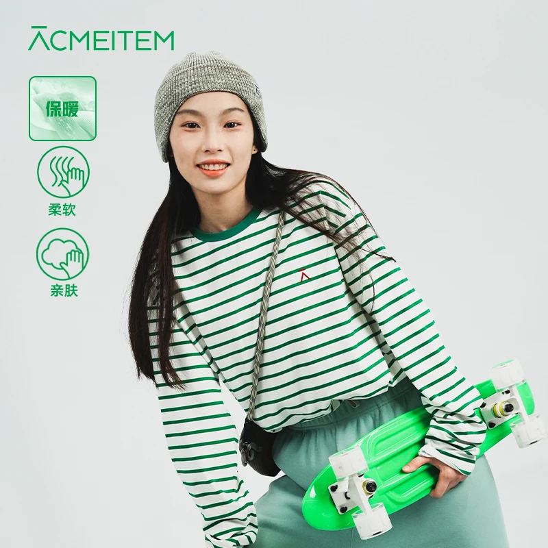 ACMEITEM爱棵米户外磨毛条纹长袖T恤圆领套头抓绒长袖T恤男女
