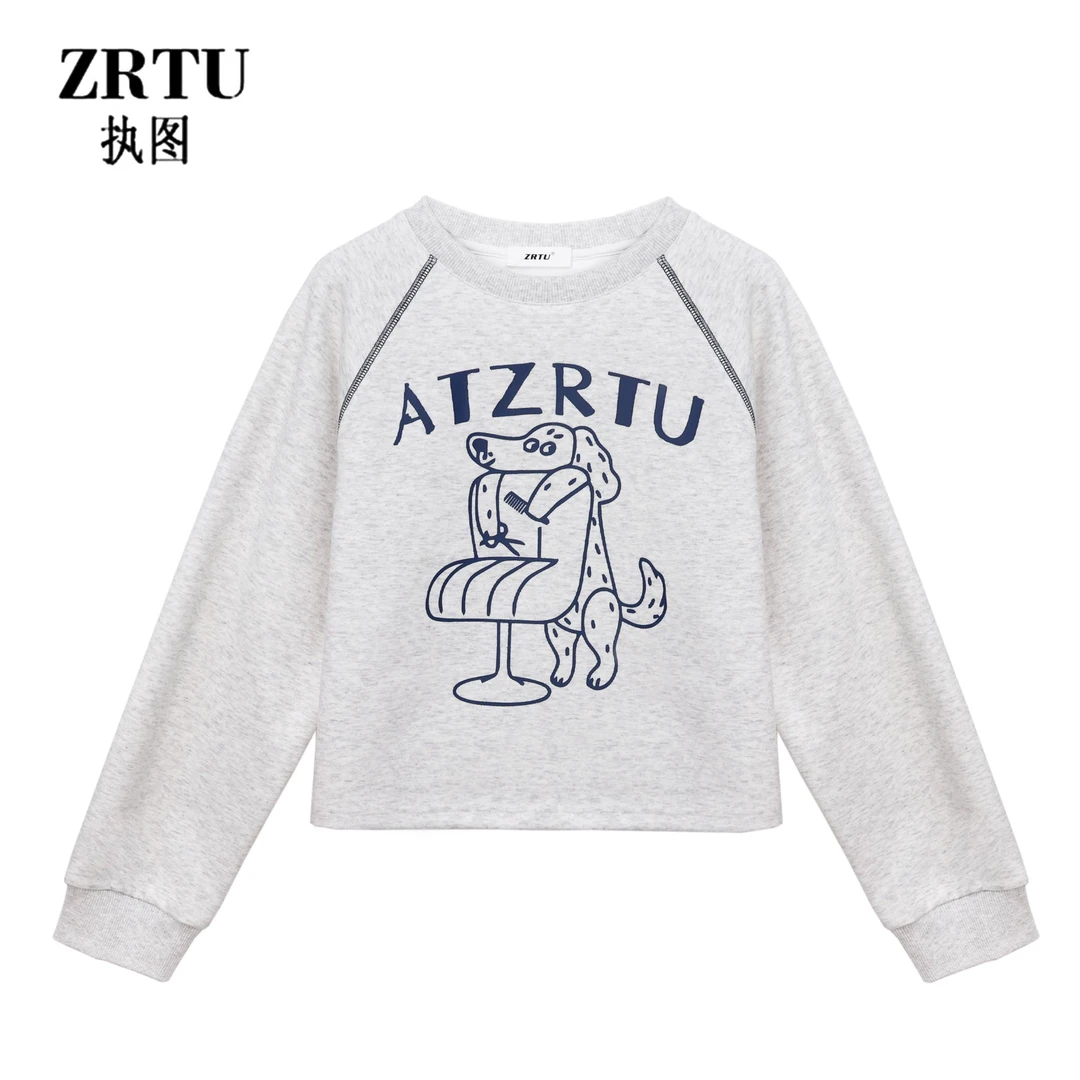 ZRTU执图2025秋季上新休闲宽松圆领印花复古套头长袖卫衣女