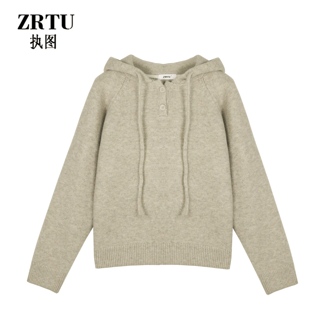 ZRTU/执图2025冬季新款纯色休闲百搭宽松连帽针织衫毛衣简约套头