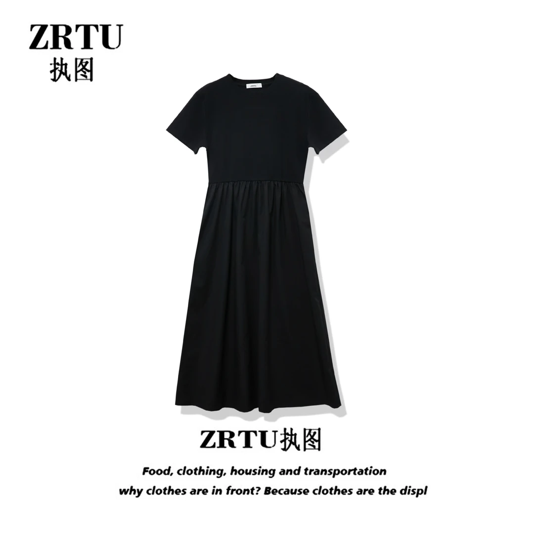 ZRTU/执图夏季新款短袖拼接简约假两件连衣裙