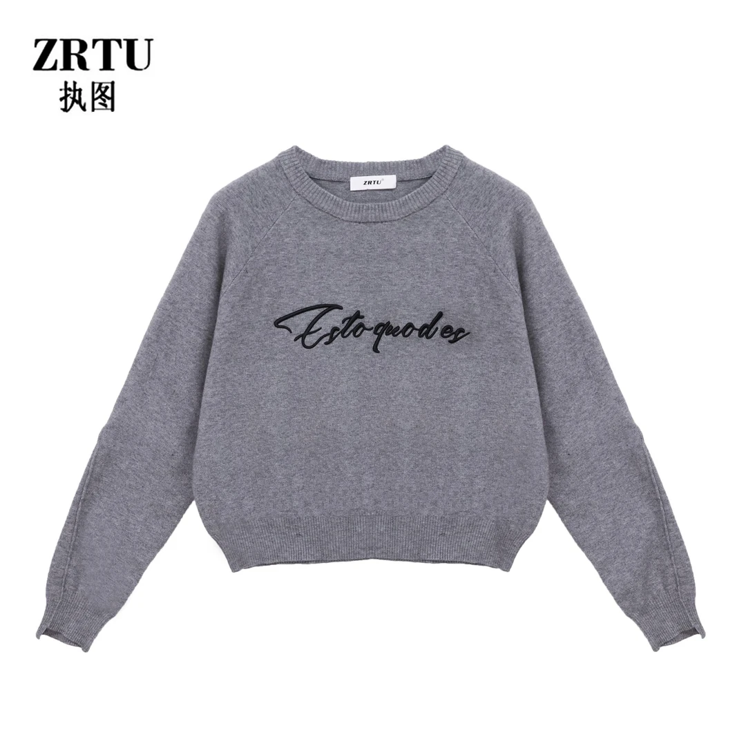ZRTU/执图2024新款美式复古高级感字母刺绣设计感针织套头毛衣