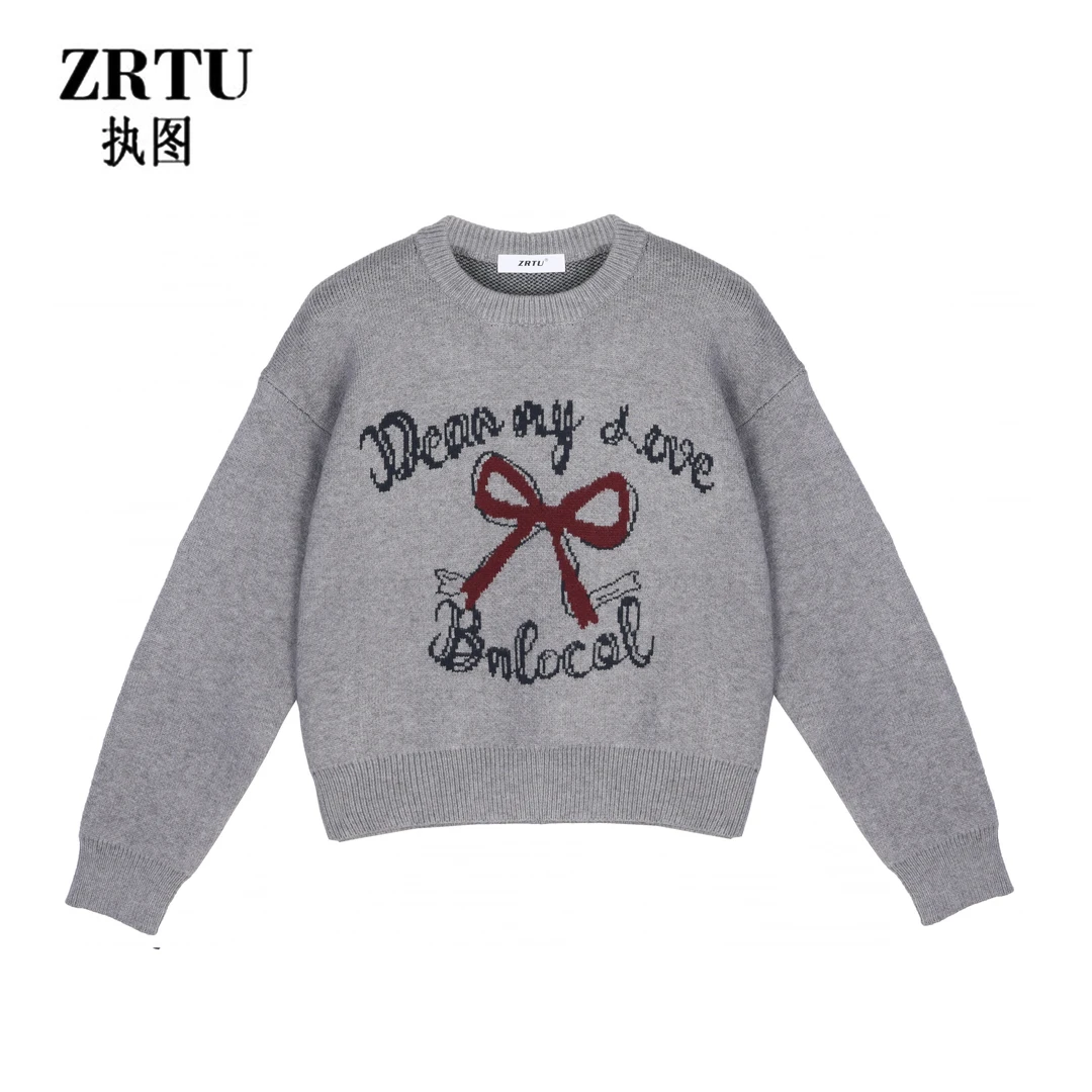 ZRTU/执图(自播）女士秋款圆领毛衣短款针织蝴蝶结休闲套头毛衣