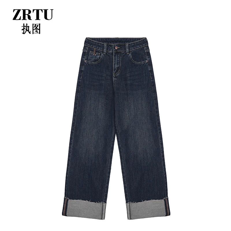 ZRTU执图（自播）2024新款复古时尚百搭潮流高腰显瘦卷边直筒牛仔裤
