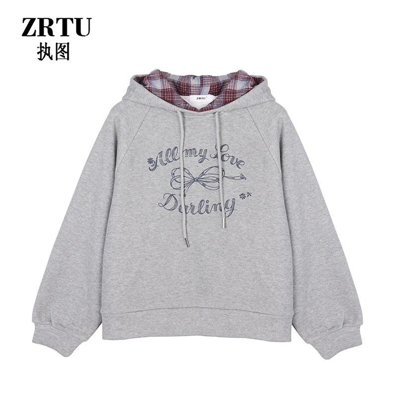 ZRTU/执图新款时尚百搭蝴蝶结印花宽松连帽卫衣