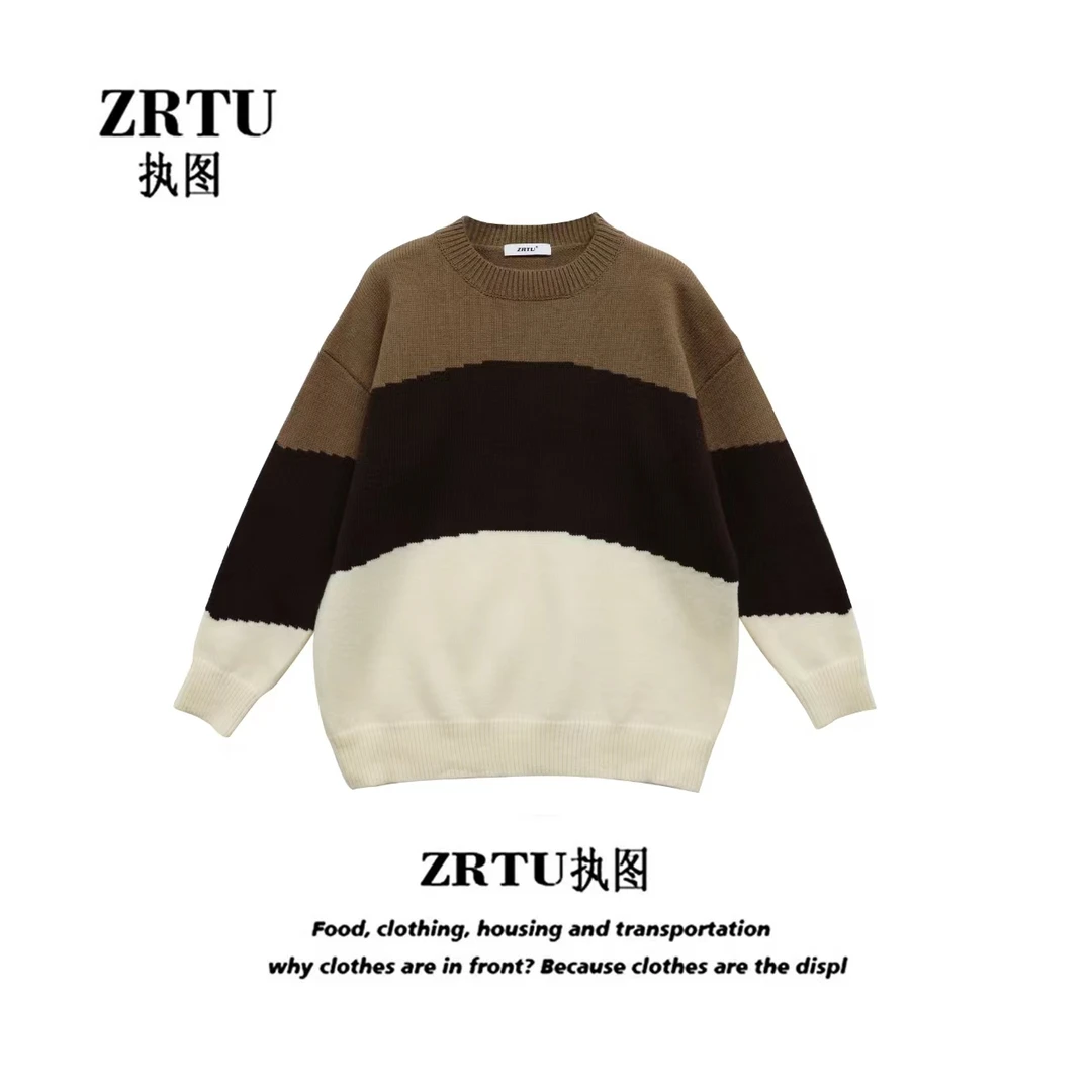 ZRTU/执图2025秋冬新款宽松圆领拼色套头慵懒风针织毛衣
