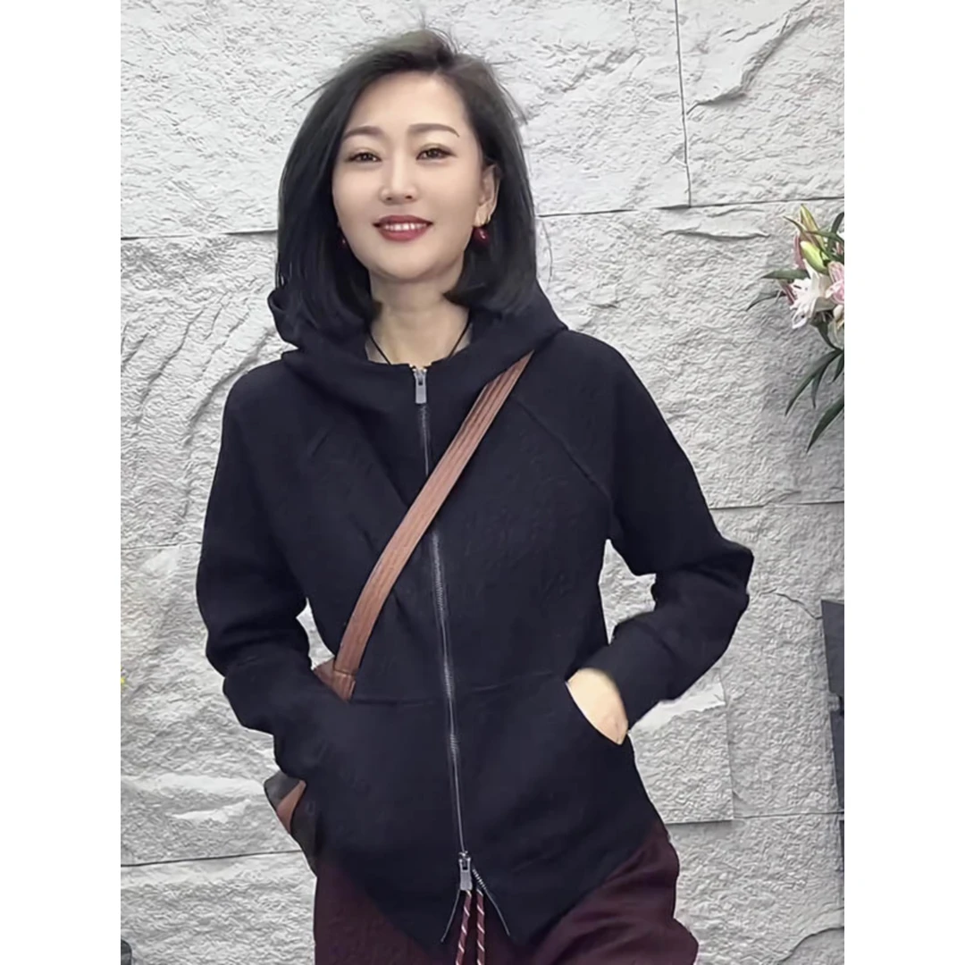 欧货高端黑色拉链长袖早秋连帽卫衣女高级感洋气休闲上衣两件套装