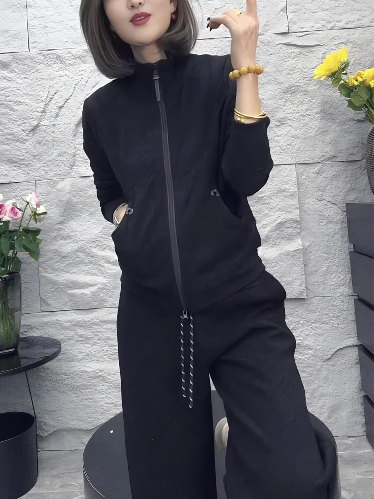 2024黑色年上衣拉链开衫女欧货显瘦长袖显瘦秋季立领新款一整套