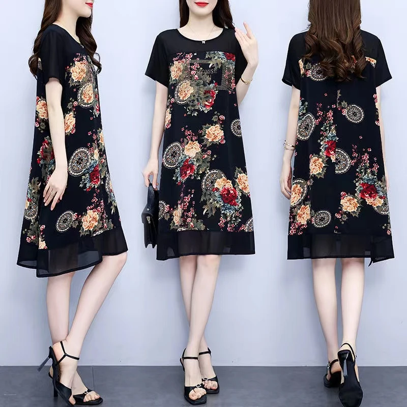 2025新款气质连衣裙夏季长款中国风印花烫钻超仙