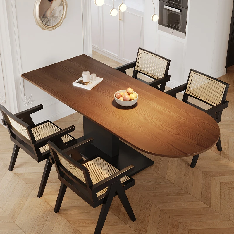 家用餐桌实木半椭圆岩板桌岛台胡桃色独腿1.4米小户型家具吃饭桌