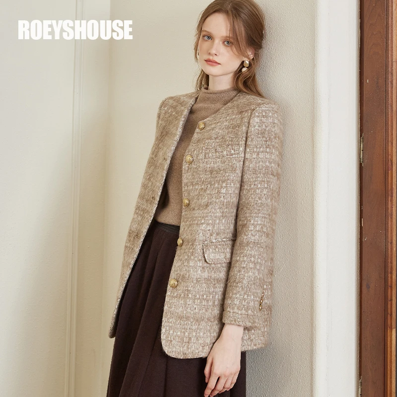 【RH】罗衣高级浅咖色保暖毛呢外套冬新款气质亮丝圆领09734