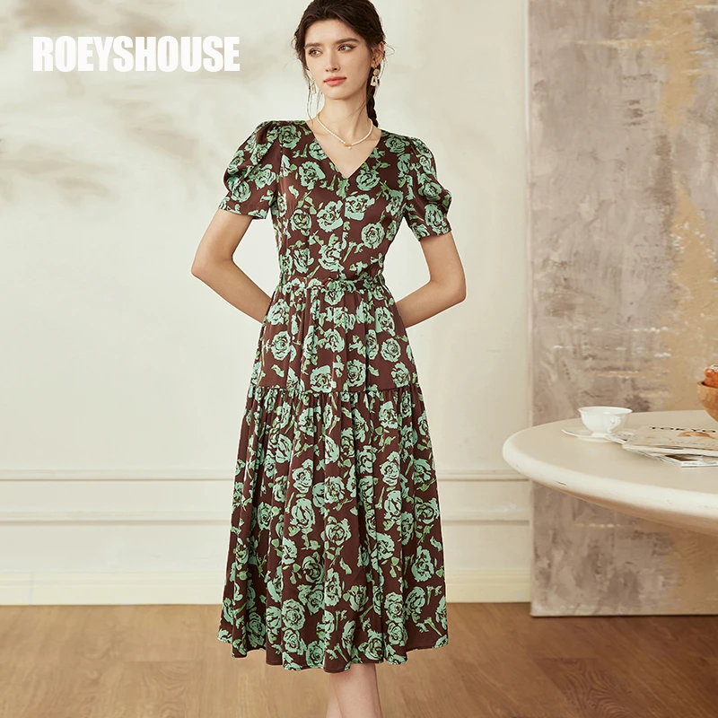 【小云总专享】罗衣复古印花缎面连衣裙新款气质泡泡袖中长裙08508