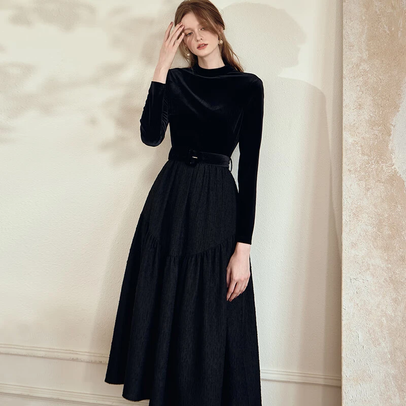 【琳菲精选】罗衣优雅丝绒连衣裙2024冬装新款气质拼接提花裙09719