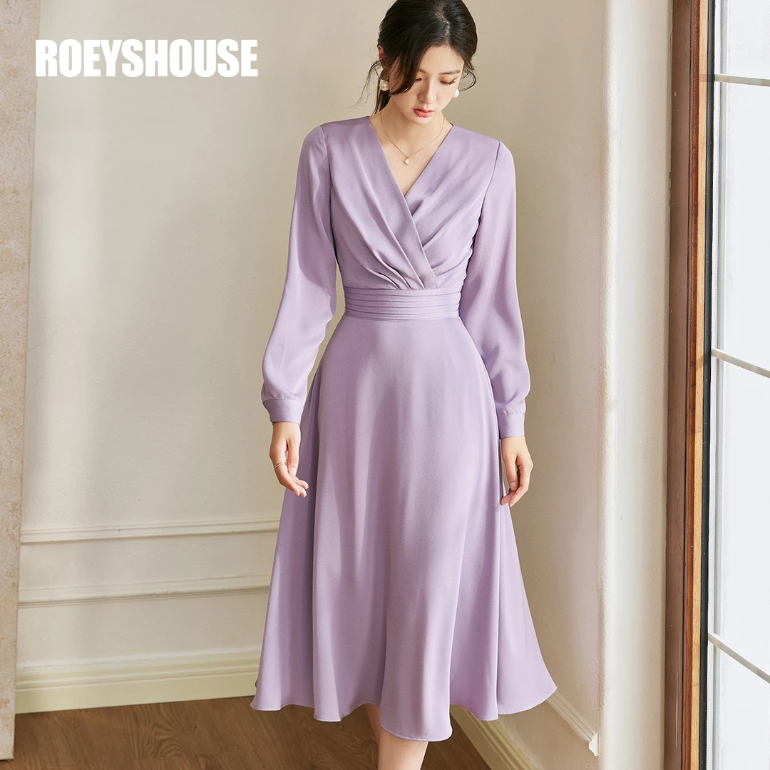 【RH】罗衣时尚V领收腰连衣裙2024秋季新款知性浅紫色大摆裙子10765