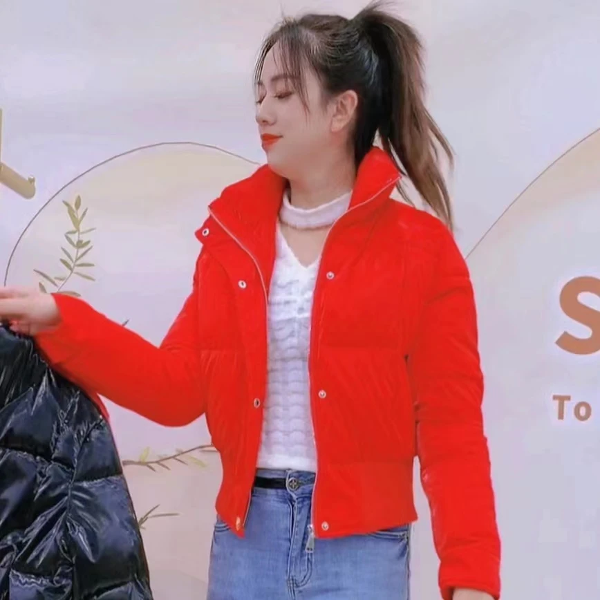 亮面免洗网红款棉服女短款小个子立领面包服2023冬季新款外套棉袄