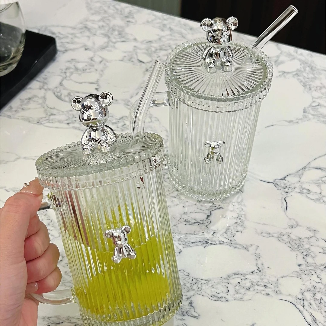 透明小熊玻璃水杯 加厚带盖玻璃杯送吸管