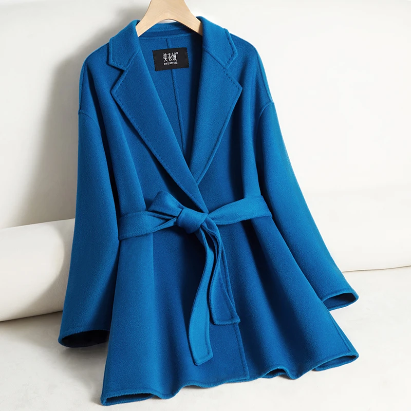 蓝色双面羊绒大衣女2025新款秋冬小个子气质时尚百搭羊毛呢子外套