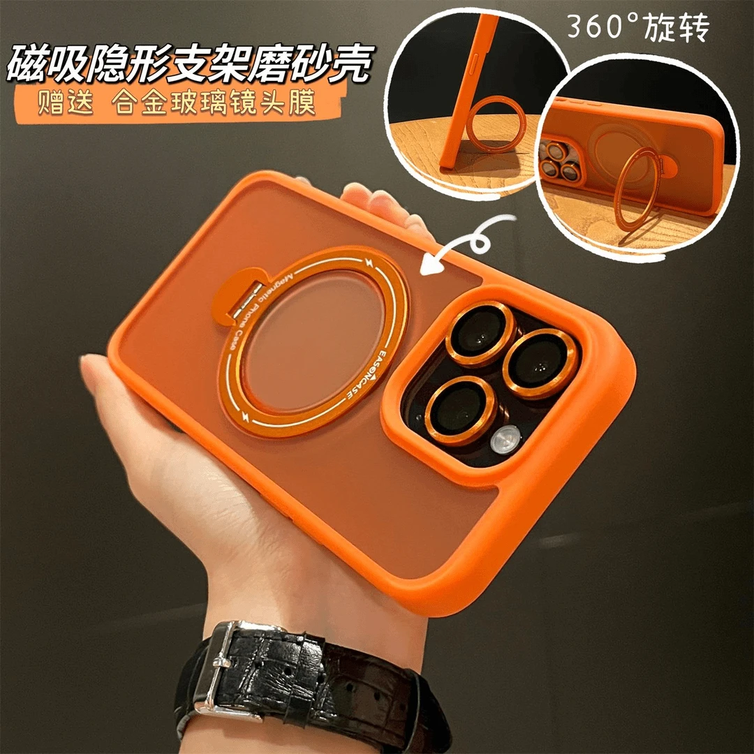适用苹果16promax手机壳磨砂磁吸新款可旋转支架苹果15防摔保护壳