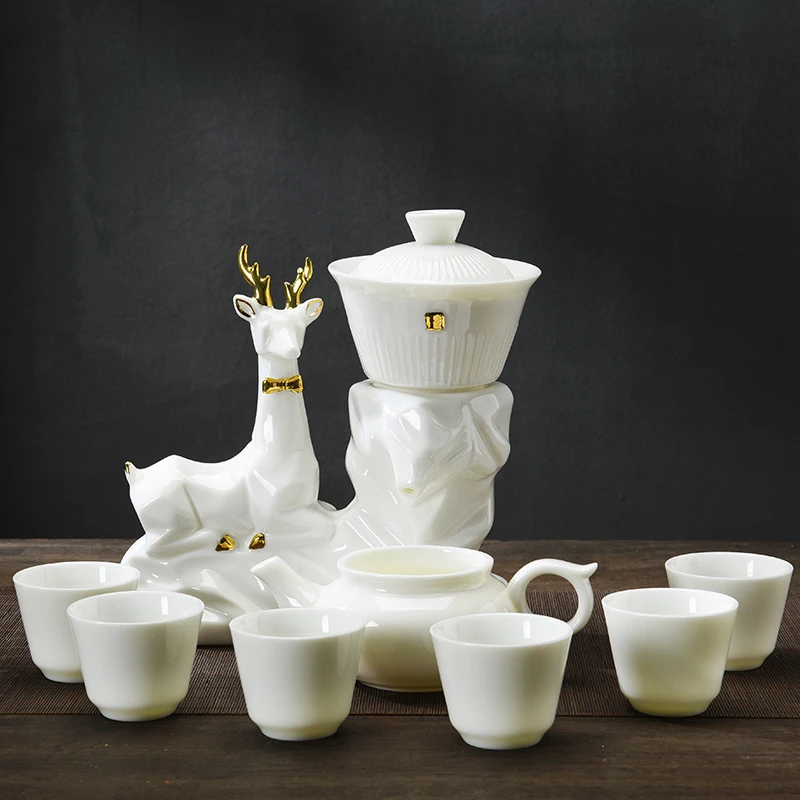 一鹿相伴自动茶具套装羊脂玉白瓷泡茶器懒人防烫茶壶客厅会客家用