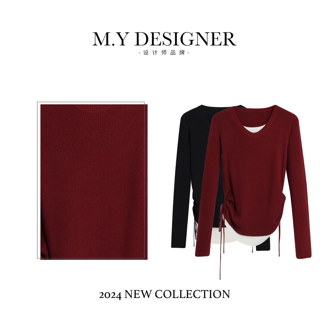 M.Y媛总 新款时尚百搭假俩件设计抽褶毛衣女装上衣OK0798