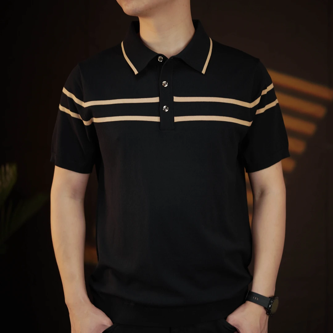 【轻奢男装】夏季冰丝针织短袖T恤休闲商务条纹修身百搭男士Polo衫
