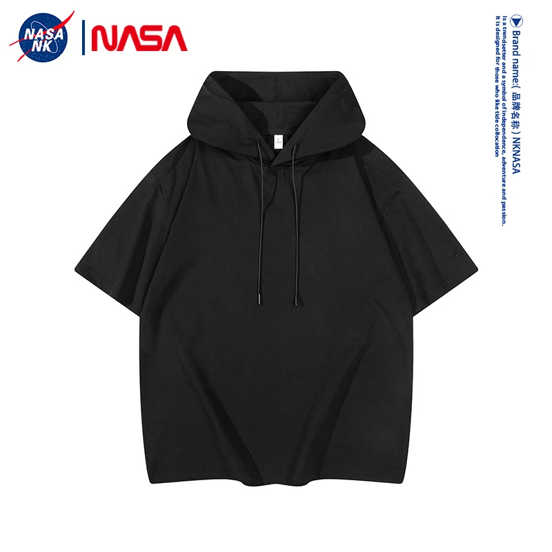 NASA联名冰丝速干t恤男士短袖夏季凉感透气吸汗宽松连帽上衣薄款
