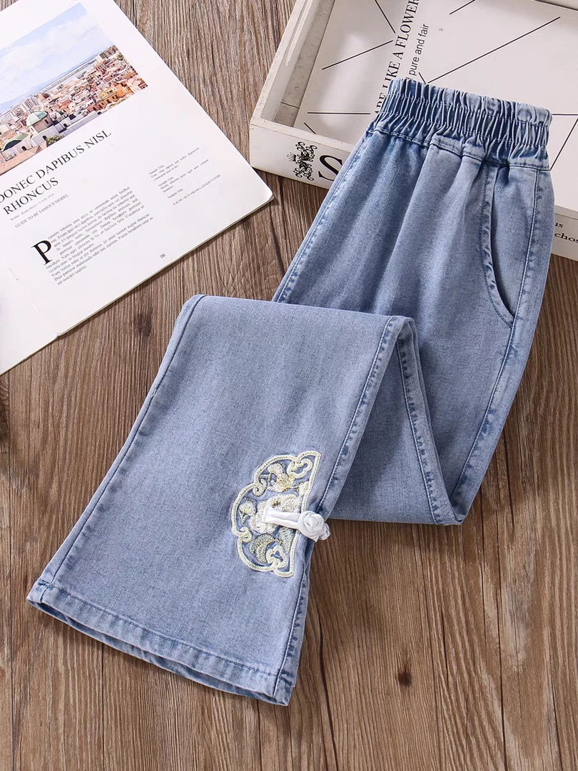 女童夏装2024新款儿童天丝喇叭裤女孩夏季百搭国风刺绣牛仔裤薄款