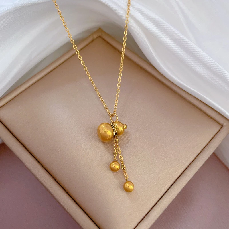 钛钢项链 【通体钛钢】葫芦气质炉内电镀项链锁骨链