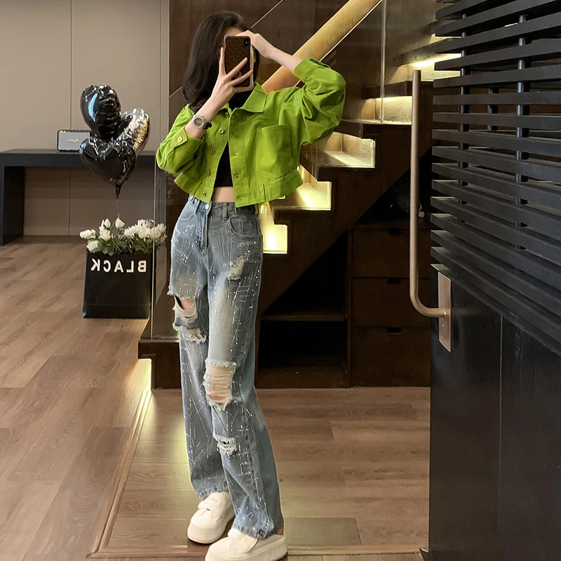 小个子牛仔外套女2024秋破洞牛仔裤休闲夹克高腰短款牛油果绿上衣