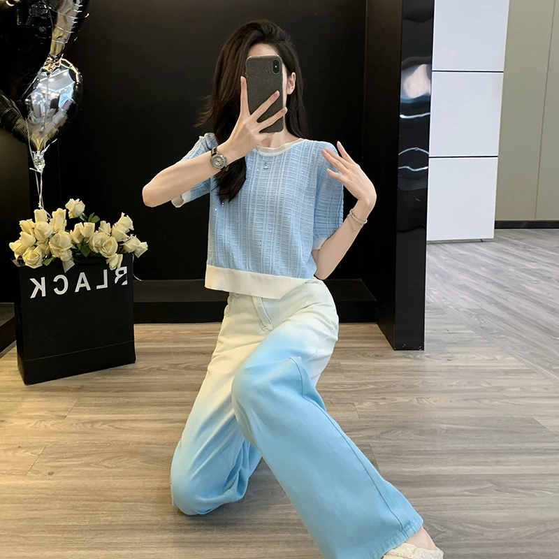 法式圆领针织衫夏季薄款短袖T恤上衣阔腿牛仔裤女直筒宽松长裤