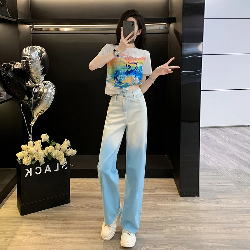 印花正肩短袖T恤女2025夏季显瘦上衣高腰阔腿长裤洋气减龄牛仔裤