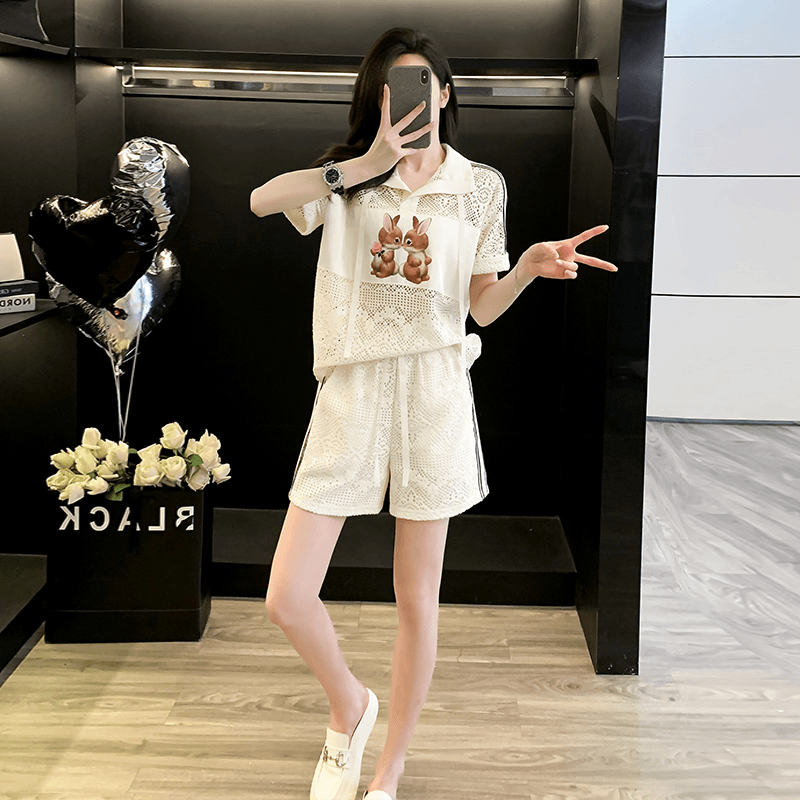 蕾丝运动休闲套装女夏2024新款时尚洋气减龄网红欧货短裤两件套潮