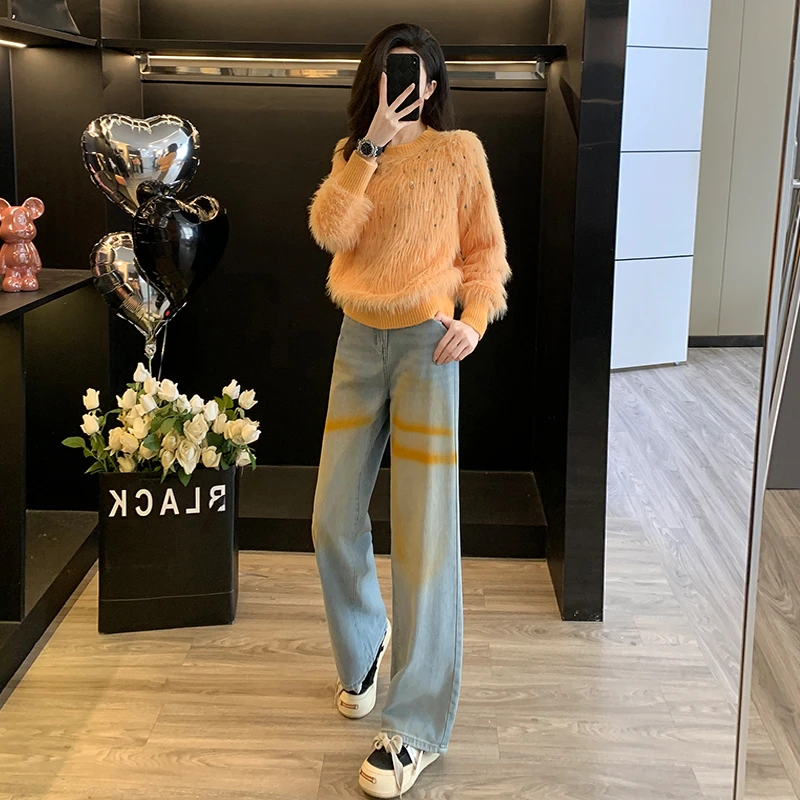 轻熟风时尚套装女秋季2024新款软糯针织毛衣上衣阔腿牛仔裤直筒裤