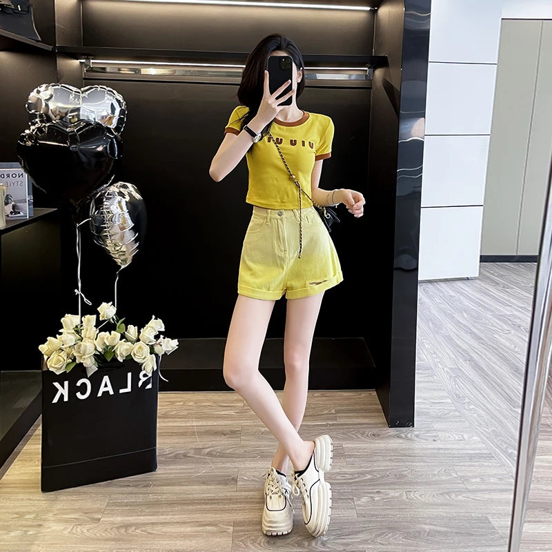 圆领T恤女夏季2024新款辣妹短款上衣渐变色卷边牛仔短裤百搭热裤