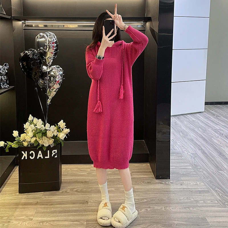 慵懒风毛衣裙针织长裙连帽衫纯色百搭过膝软糯高级感显瘦连衣裙女
