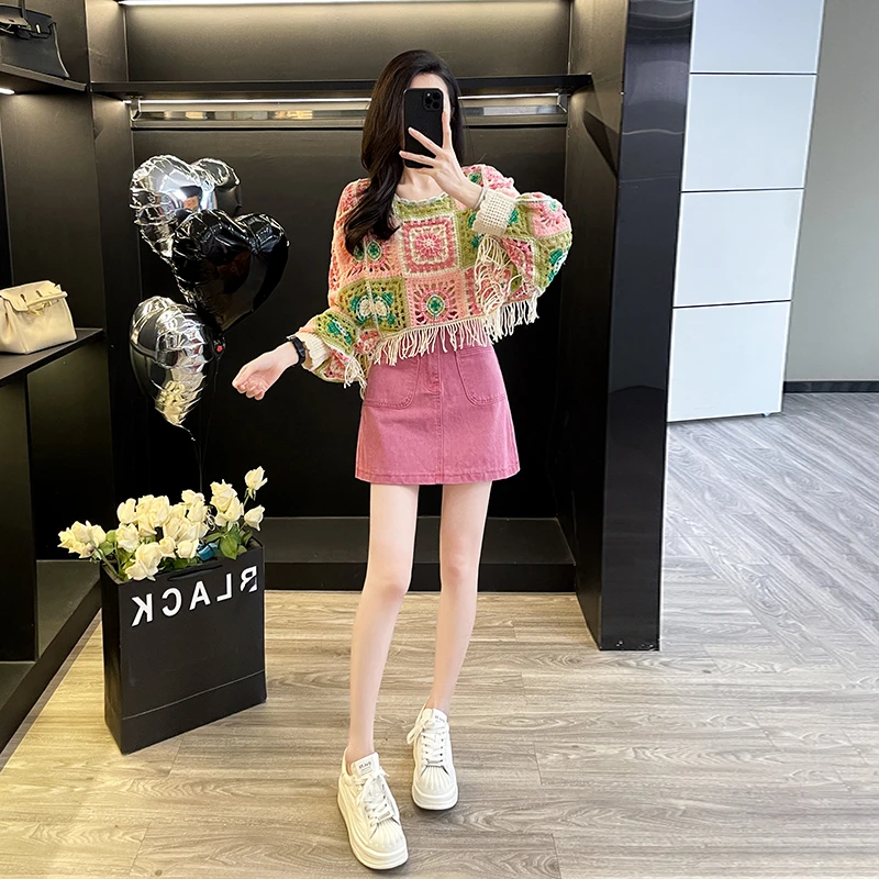 蝙蝠袖镂空短款流苏长袖针织衫秋冬高腰牛仔半身裙A字防走光短裙