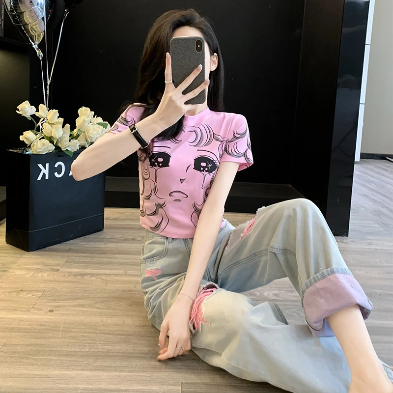 别致印花设计感甜辣风短袖T恤女2024夏新款高腰显瘦破洞牛仔裤薄