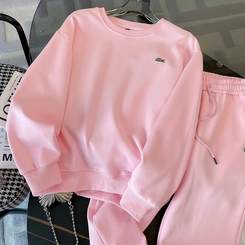 粉色圆领卫衣套装女秋2023新款时尚宽松洋气减龄休闲运动服两件套