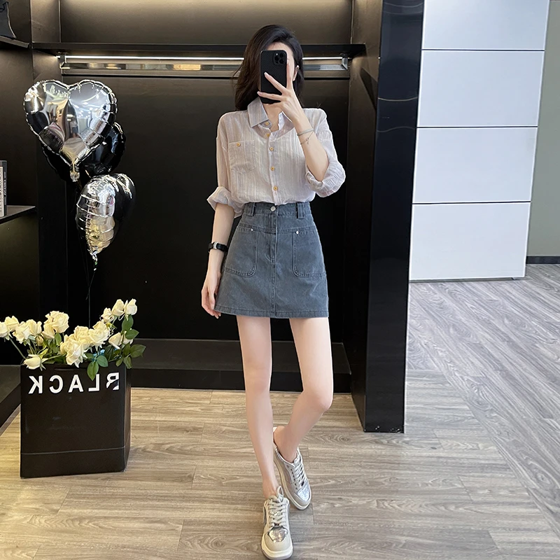 2025新款春秋衬衫上衣开衫怀旧洗水牛仔短裙女显瘦a字包臀半身裙