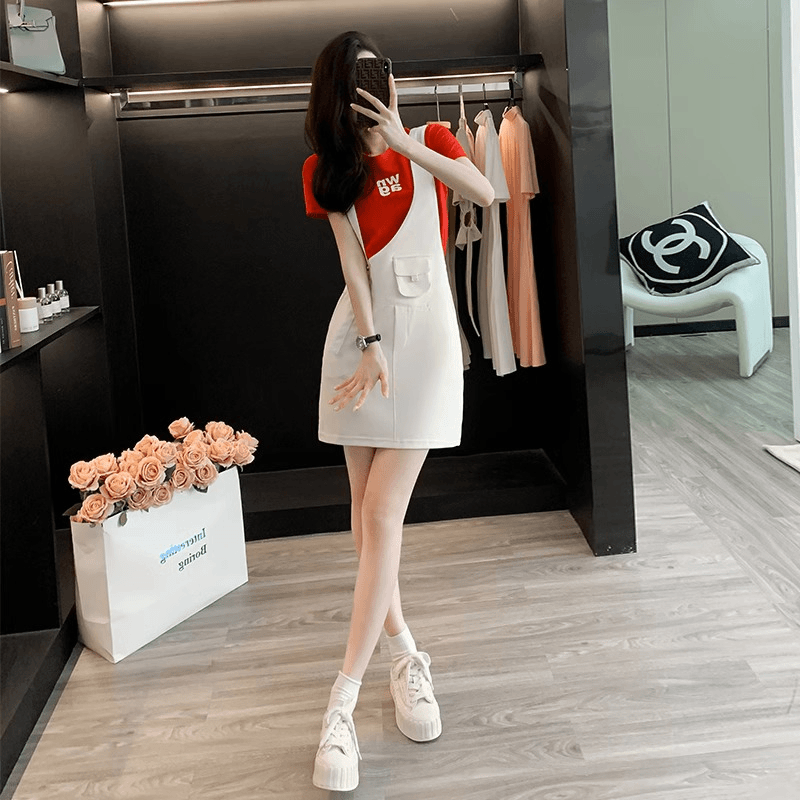 俏皮活泼减龄网红炸街盐系小个子休闲短袖背带裙两件套装女夏洋气