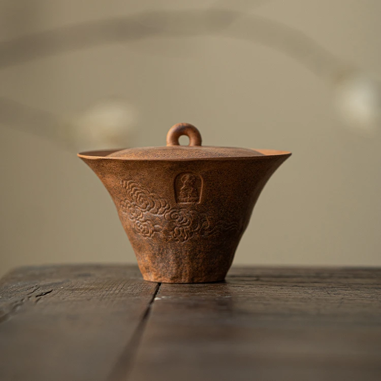 【正版川冶】敦煌二才马蹄盖碗.06807.粗陶老岩泥中式复古陶瓷茶器