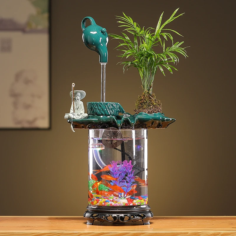 创意高山流水摆件循环水缸新款小型鱼缸室内客厅办公室桌面造景观
