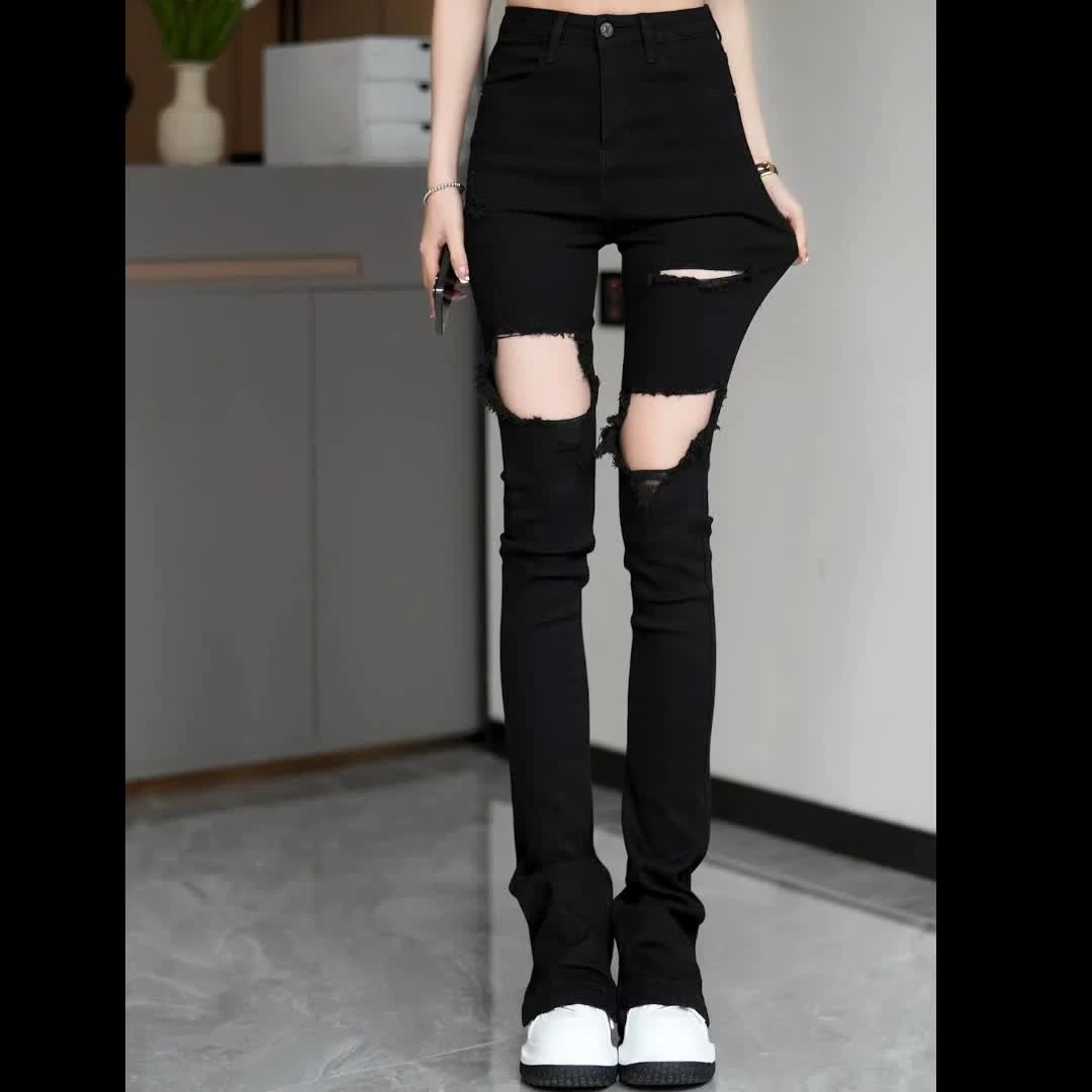 牛仔裤女显瘦弹力修身高腰夏季黑色薄款紧身春夏微喇叭裤长裤破洞